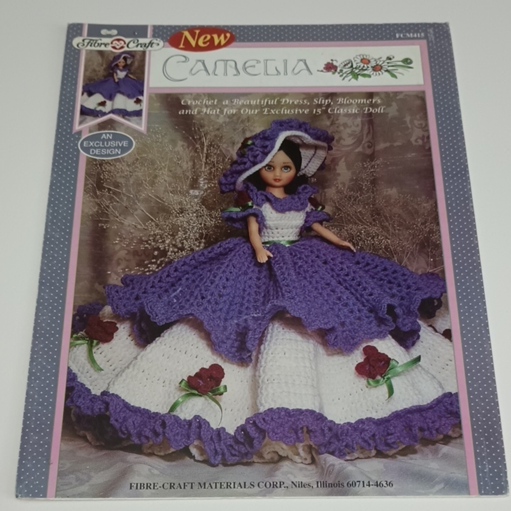 2/$15 Camelia 15" Doll Dress Slip Bloomer Hat Crochet Pattern Fibre Craft FCM415